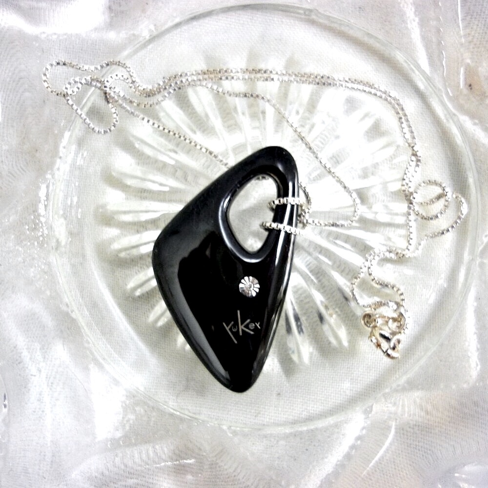 18K Diamond Black Steel Art Pendant Sterling Silver Necklace - Picture 2 of 7
